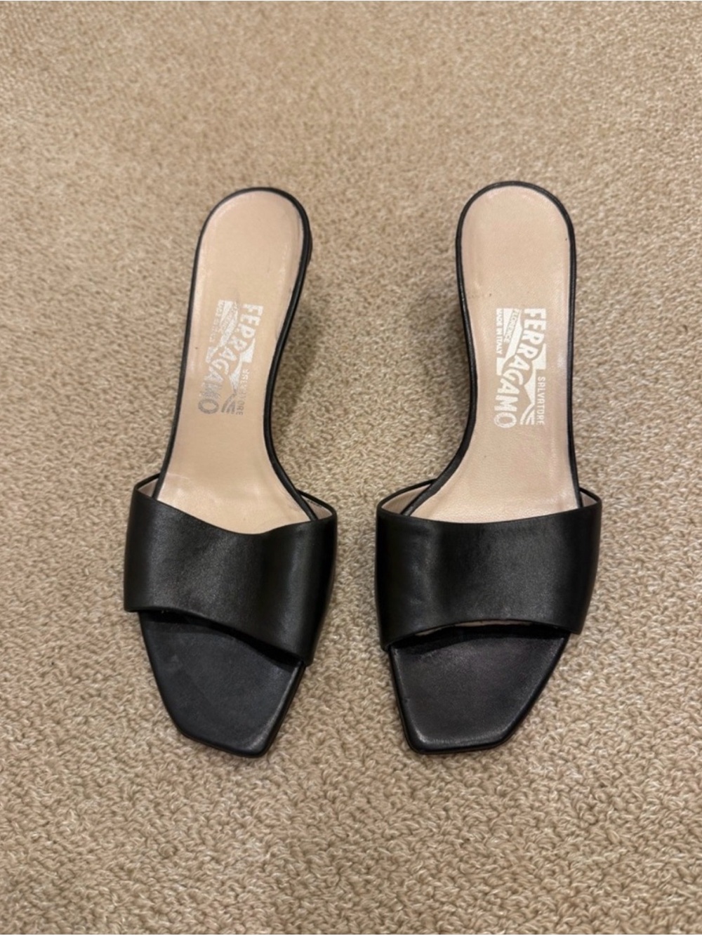 Salvatore Ferragamo Black Leather Slide Mules